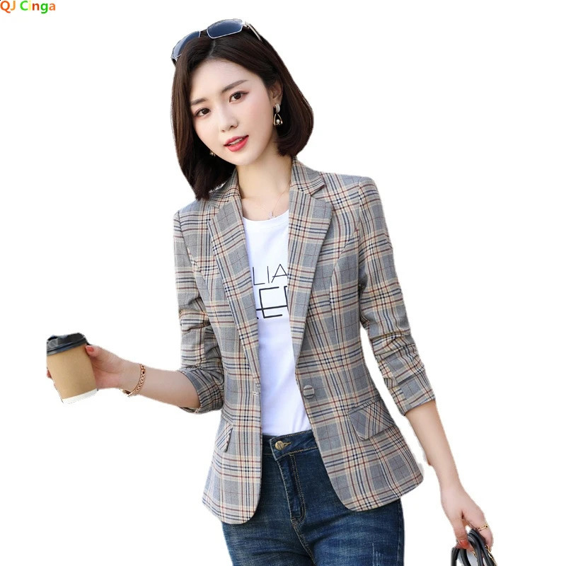 Gray Striped Plaid Blazer Jacket Womens Fashion Slim Coats VNeck Single Button Ladies Blazers SXXXXXL 250805