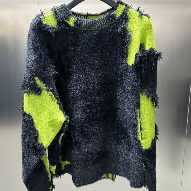 Limiguyue automne d'hiver patchwork contraste couleur couleur en tricot pull provoquet oneck pavé de pain mohair pulaire mohair long e258 250815