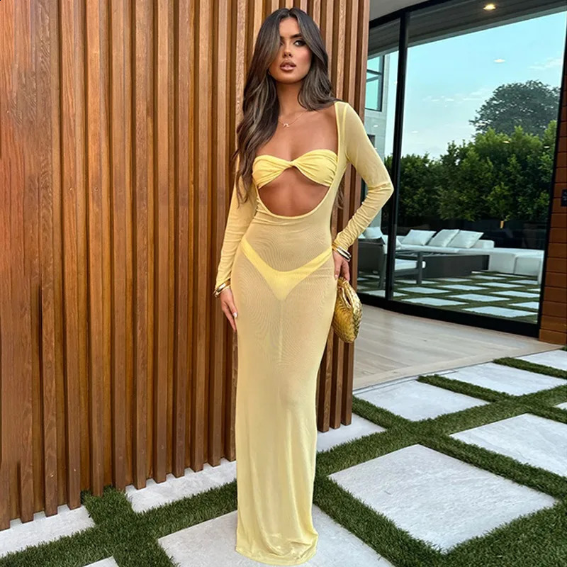 2025 Summer Solid Hollow Out Sheer Vacation Maxi Dress Women V Neck Low Cut Full Sleeve Slim Casual Beach Bikini Cover Ups 250808