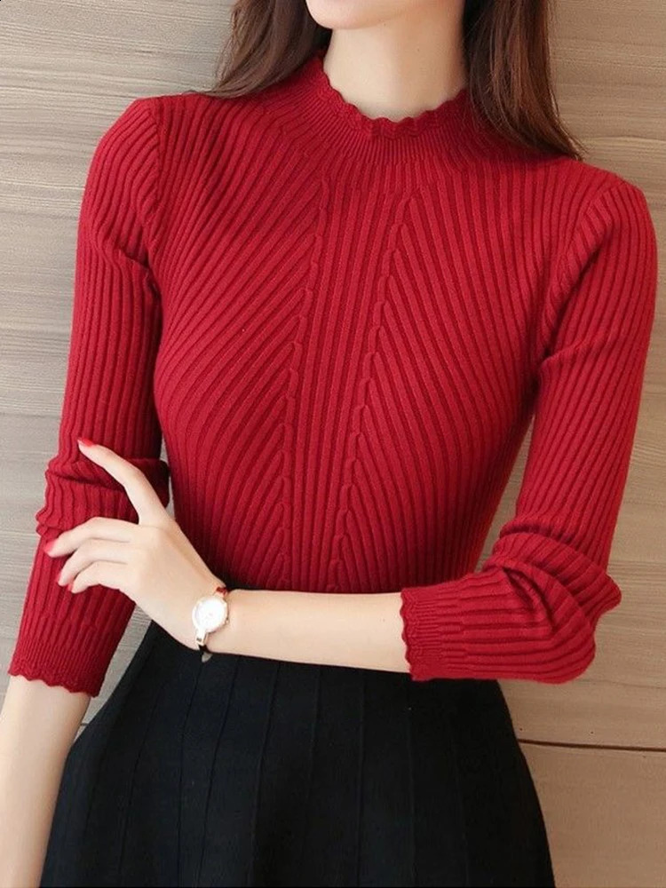 Autumn Women Mock Neck Ruffles Sweater Long Sleeve Knitted Bottoming Solid Pullovers Stripe Casual Winter 250815