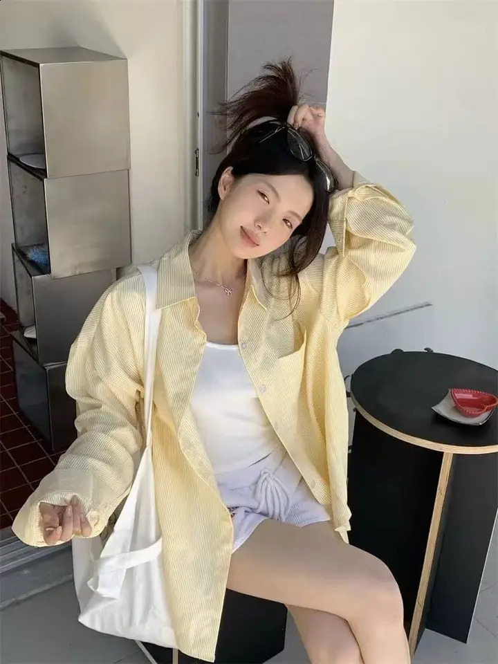 Korean Fashion Yellow Striped Shirt Women Lazy Style Loose Preppy Blouse Vintage Long Sleeve Casual Female Sweet Tops Summer 250813