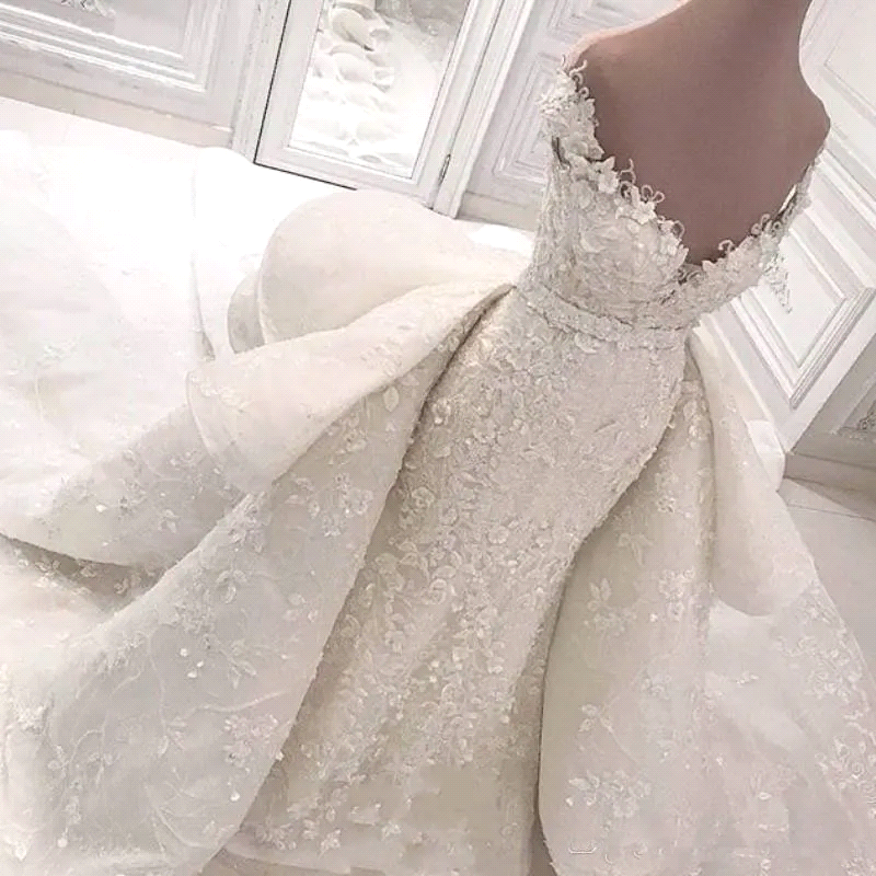 Robes de mariée sirène en dentelle élégante avec jupe de train détachable à l'épaule perles appliquées robes de luxe Bridal Robes de mariage CPH0
