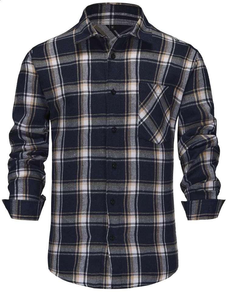 M-3XL Mens Pure Cotton Flannel Shirts Long Sleeve Single Pocket Casual Plaid Thick Soft Cozy Brushed Shirts Blouse Men Clothing 250811