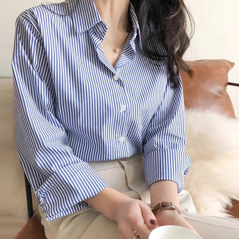 2025 Womens Casual Shirt Comfortable Simple Striped Blue And White Classic Retro Spring Autumn Long Sleeve Top 250813