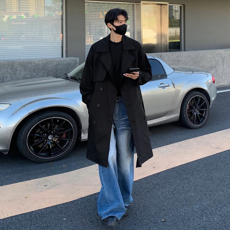 Spring Men Trench Coat Korean Style Streetwear Windbreaker Coats Solid Color Business Casual Loose Long Overcoat Male 250805