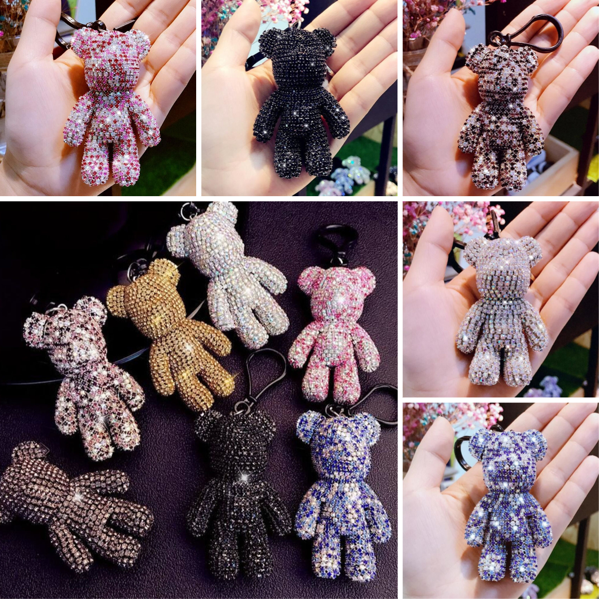 Fashion bag charm designer keychain wholesale unisex full rhinestone Cartoon bear crystal key chain keychain designer wallet key chain women's