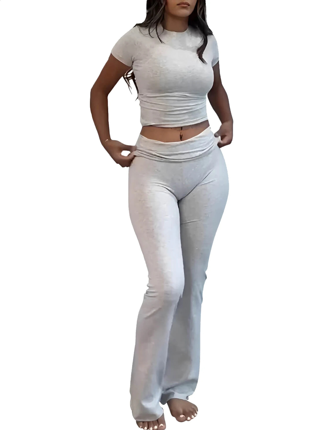 Casual Workout Two Piece Outfits for Women Short Sleeve Crop High Waist Foldover Flare Pants Tracksuit Sets Streetwear 250815