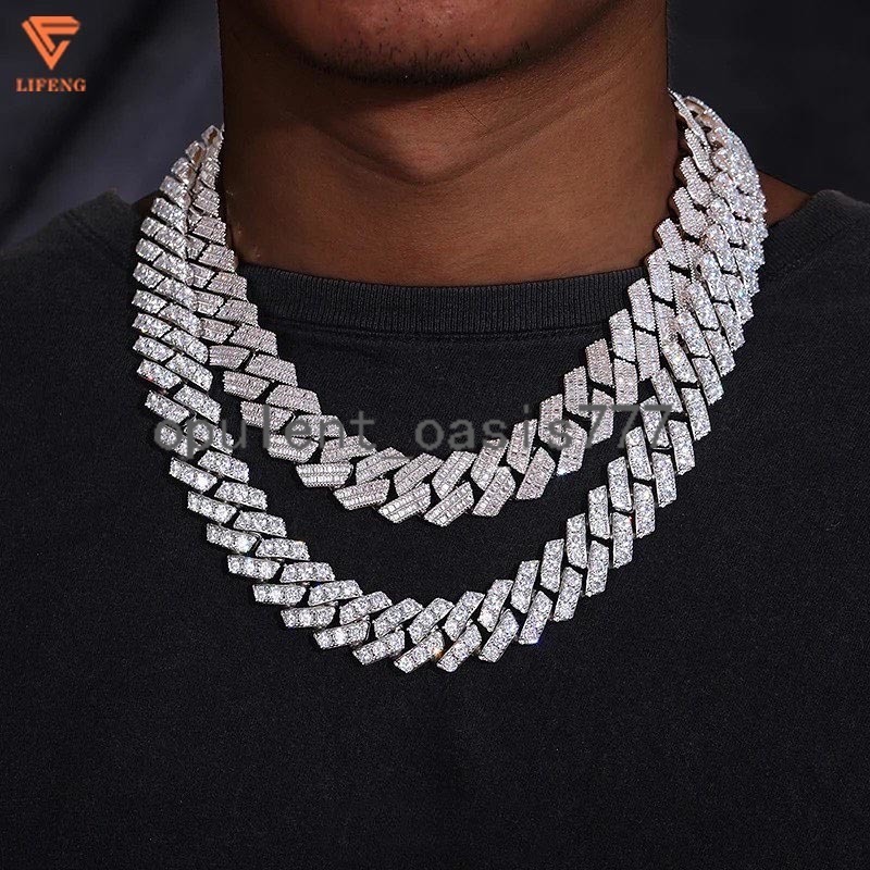 Lifeng Jewelry Baguette Cuban Link Chain 925 Sterling Silver White Gold Plated 2 Rows VVS Moissanite Cuban Chain Necklace