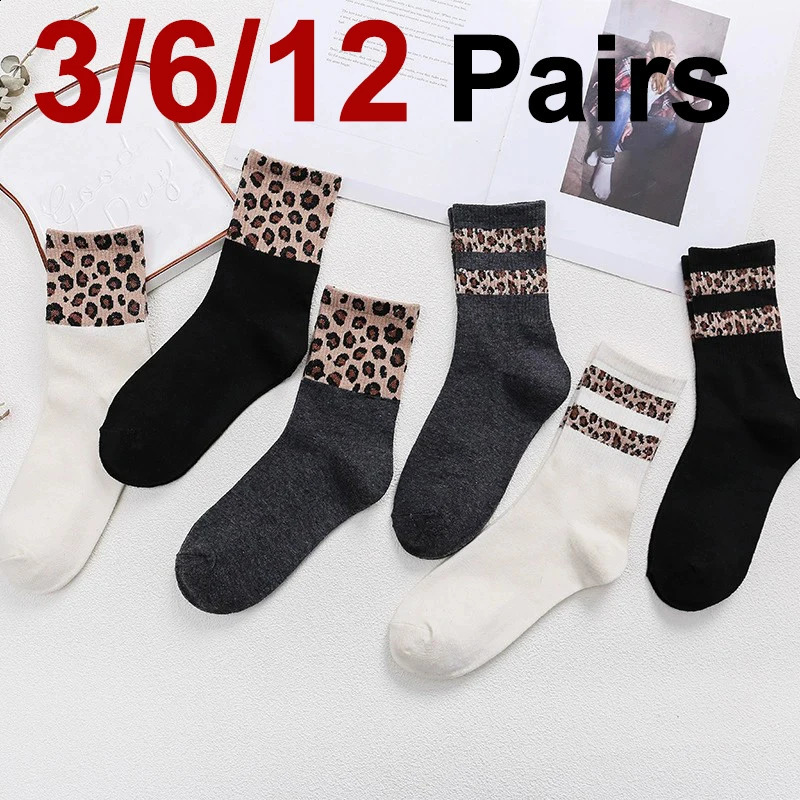 3/6/12 Pairs Women Leopard Print Mid Tube Socks Fashionable Print Sweat Absorbing Breathable Soft Comfortable Casual Socks 250811