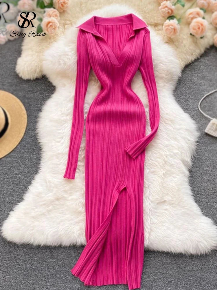 Singreiny Femmes Robe en tricot coréen Long Manche V Cou couche élastique Robes crayons minces automne sexy