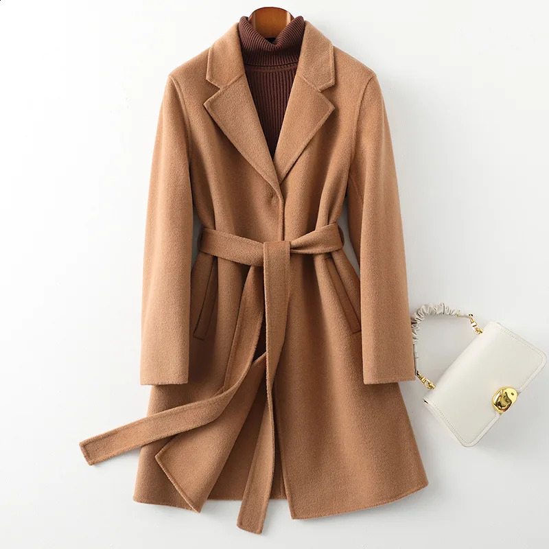 Autumn 100% Wool Coats Women Turn Down Collar Midi Length Coats Women Woolen Coat With Belt Veste Femme Tops 250815