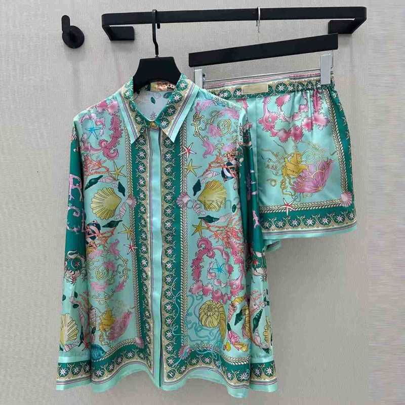 Designer Women's Two Piece Pants Baroque Luxury High-End Fashion Ocean Shell Silk Shirt Wide-Leg Shorts Set for Women Summer 0K6D