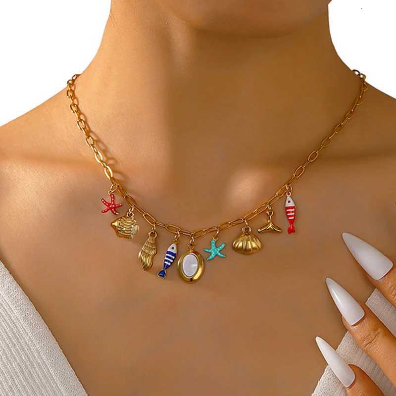 Boho Stainless Steel Colorful Starfish Conch Shell Charm Necklace for Women Summer Beach Ocean Jewelry XJ250816