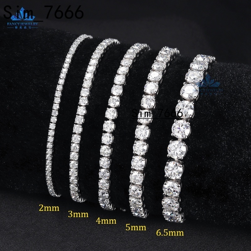 En stock Hip Hop 925 Silver 2 mm 3 mm 4 mm 5 mm 6,5 mm Bracelet de tennis Moisanite Pass Diamond Test Iced Out Moisanite Bijoux