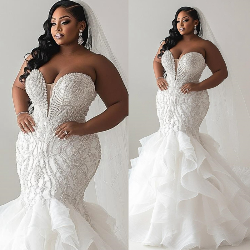 Arabic Aso Ebi Plus Size Ivory Wedding Dress 2025 Mermaid Bridal Gowns For Bride V Neck Sexy Appliqued Lace Beaded Tiered Tulle Charming Wedding Gow