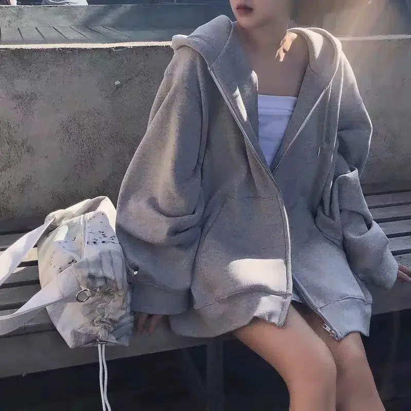 Plus Size Grey Long Sleeve Hooded Sweatshirt Autumn Loose Fit Hong Kong Style Top Trendy Womens Clothing 250815