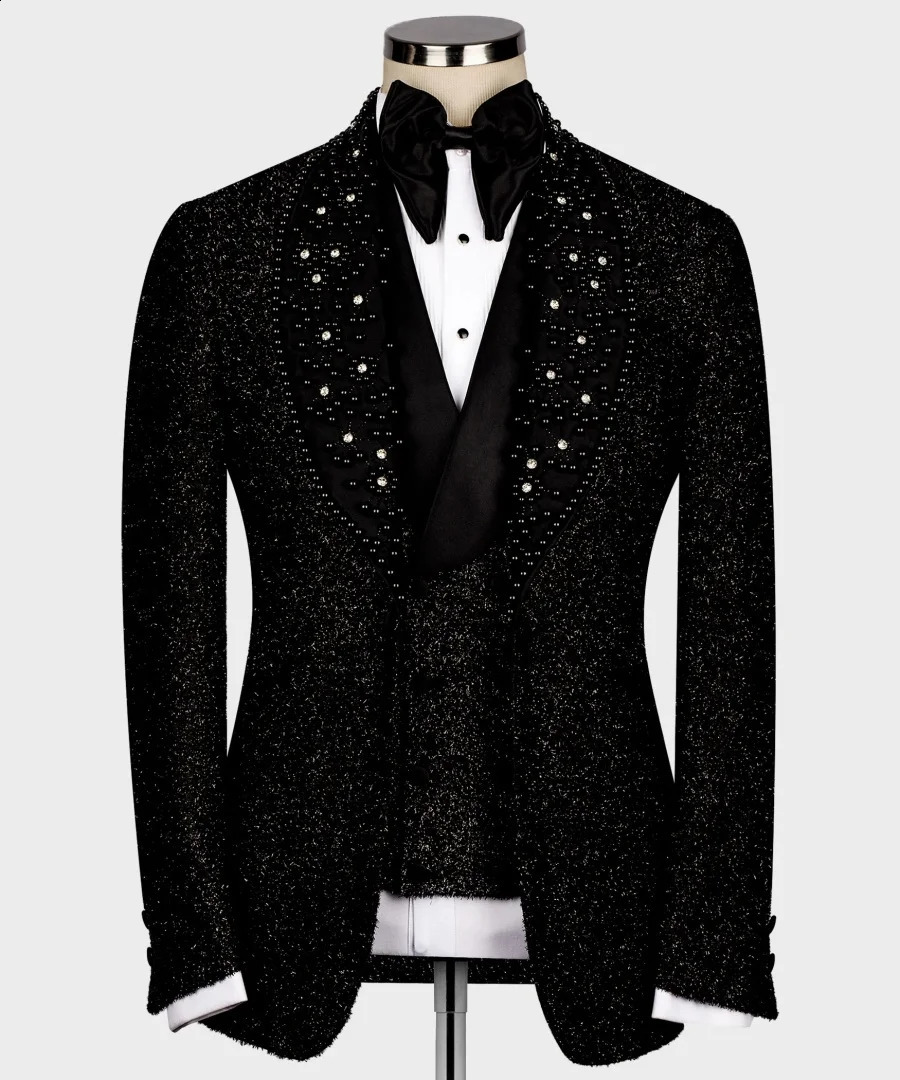 3pcs Black Wedding Tuxedo Groom Men Suits Slim Fit Crystals Pearls Blazer Vest Pants Customized Men Costume 250811