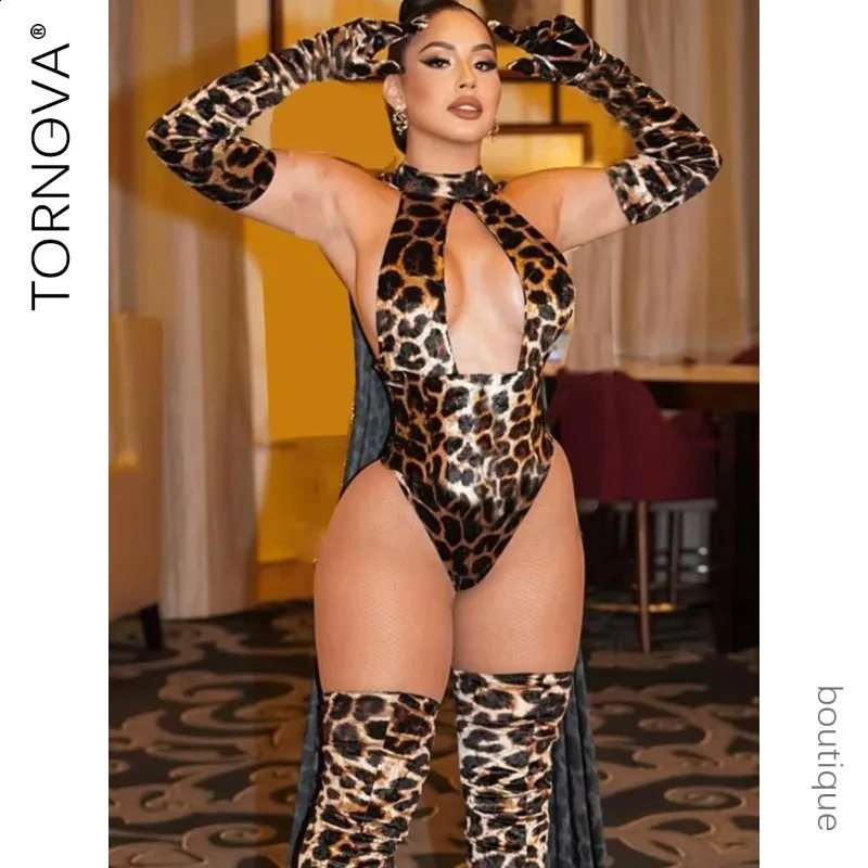 Tornova Leopard Body avec des gants stockant 5 pièces Sissy Couchless Body costumes femmes Halter Body Deep-V Sexy Tops Tirms 250811