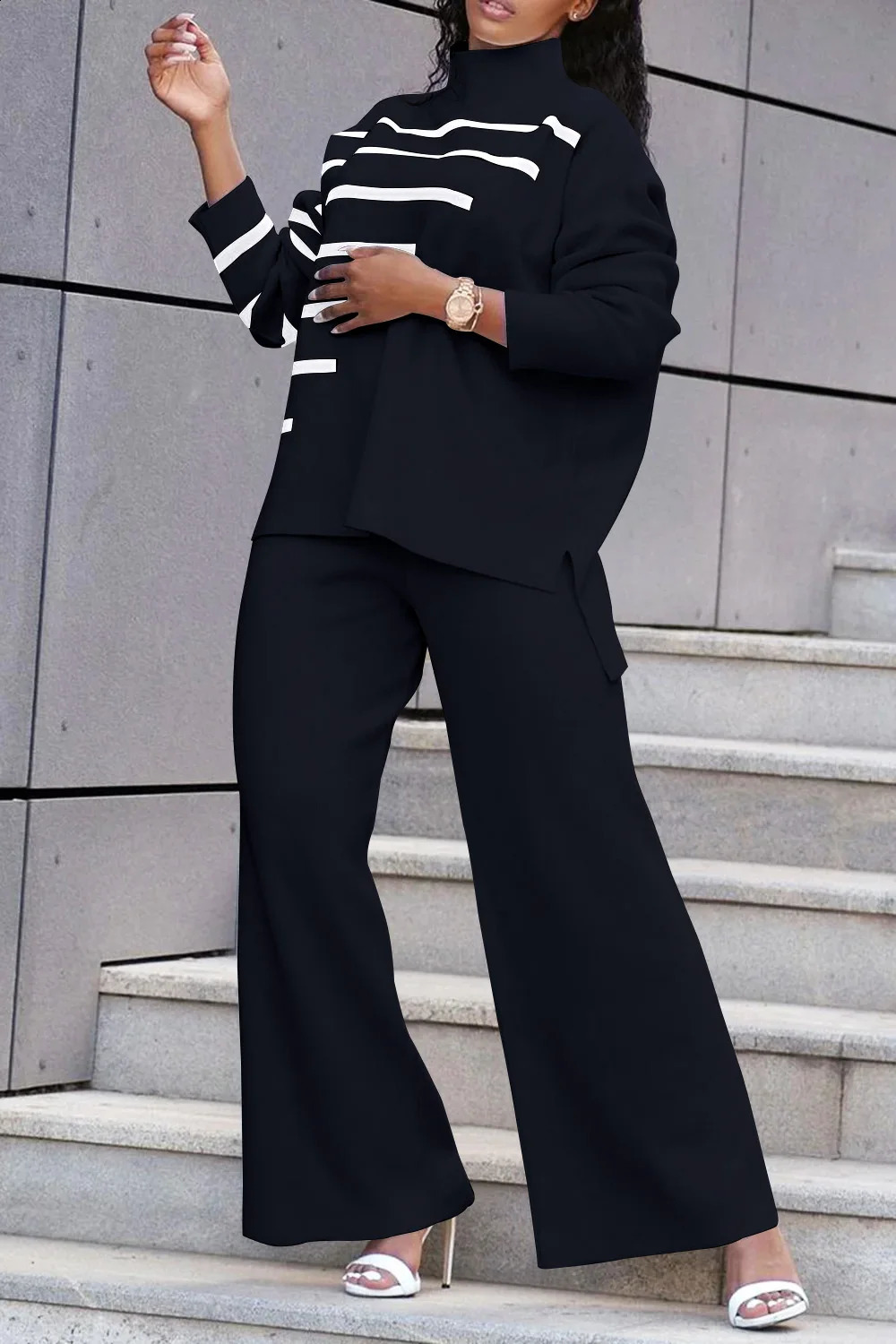 Plus Size Business Casual Black Striped Mock Neck Long Sleeve Asymmetric Hem Two Piece Pant Sets 250815
