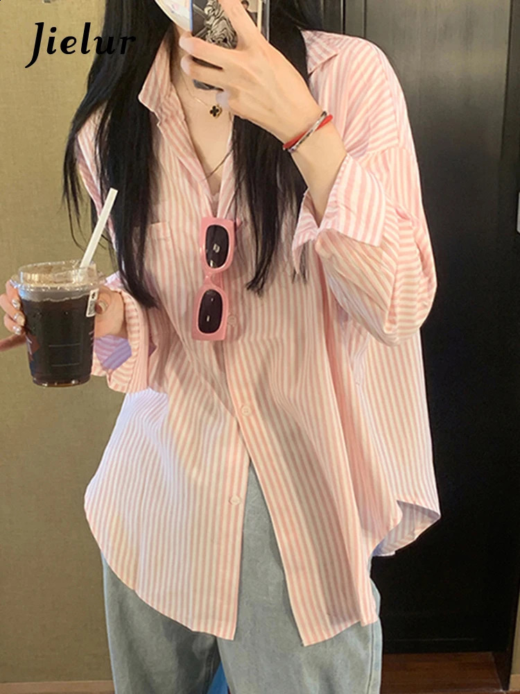 Jielur Spring Pink Striped Womens Shirts Summer Loose Blue Pockets Long Sleeve Single Breasted Female Causal Streetwear 250813