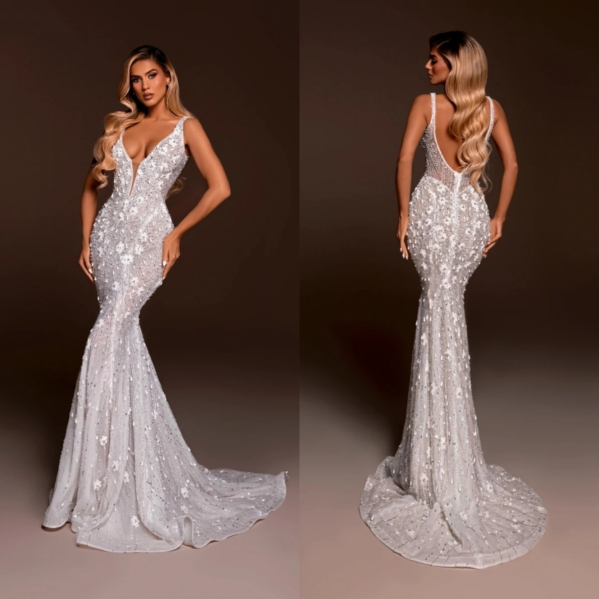 Stylish Wedding Dresses Deep V Neck Bridal Gowns Sequins Spaghetti Straps Backless Illusion Sleeveless Mermaid Customized Vestidos De Novia Plus Siz