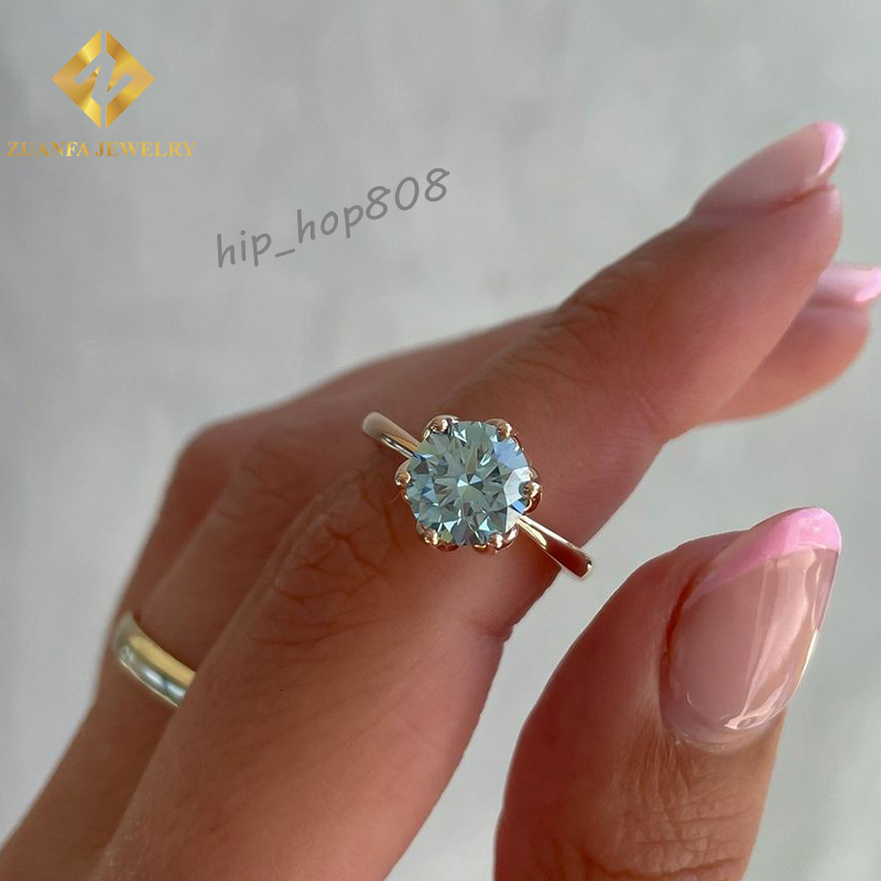 Classical 18K Solid Gold Fancy Blue Moissanite Brilliant Cut Wedding Ring Solitair Diamond Jewelry Engagement Rings