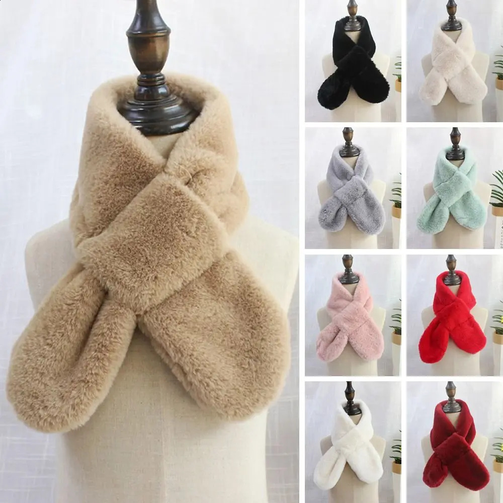 ren Boys Girls Winter Warm Thicken Cross Collar Scarf Solid Color Faux Rabbit Fur Plush Cute Shawl Scarfs 250811