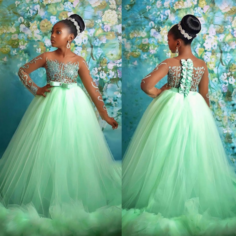 Menthe aso ebi flower fille robes enfants robe d'anniversaire d'anniversaire sheer illusion manches longues appliqués en dentelle de dentelle de