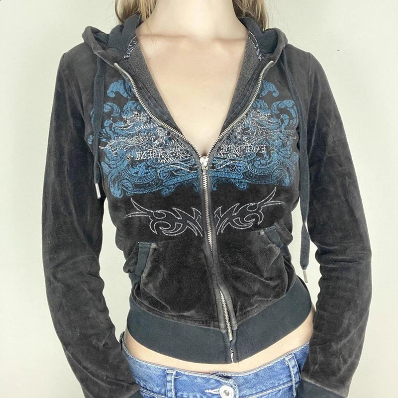 Y2K Aesthetic Vintage Slim Sweatshirts y Graphic Pattern Zip Up Hoodies 2000s Retro Grunge Mall Goth Jacket Autumn Coat 250815