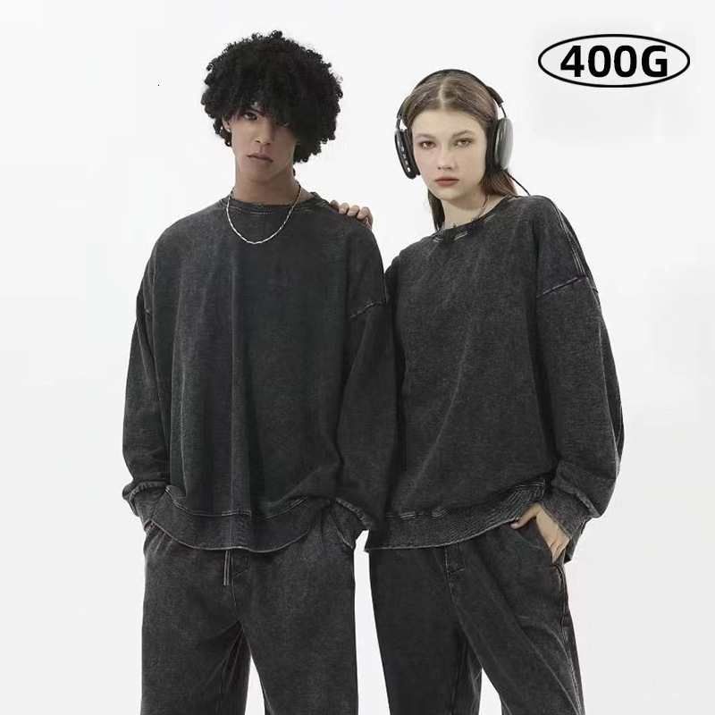 Autumn Winter Crew Neck Terry Sweatshirt Men Washed Trendy Loose Fit Drop Shoulder Unisex hoodie Long Sleeve Top