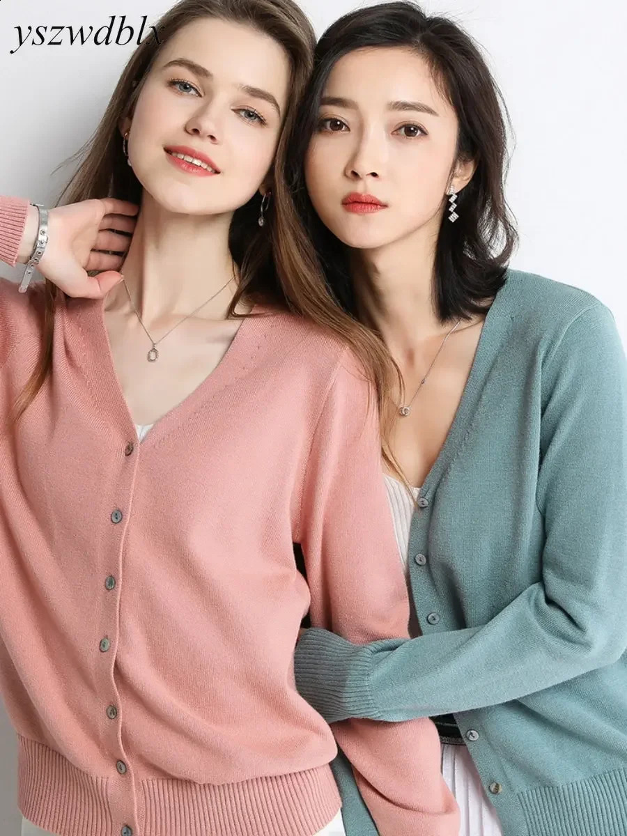 YSZWDBLX Spring Autumn Women Cardigans Single Breasted Vneck Solid Knitted Sweater Slim Female White Casual Outerwear 250815