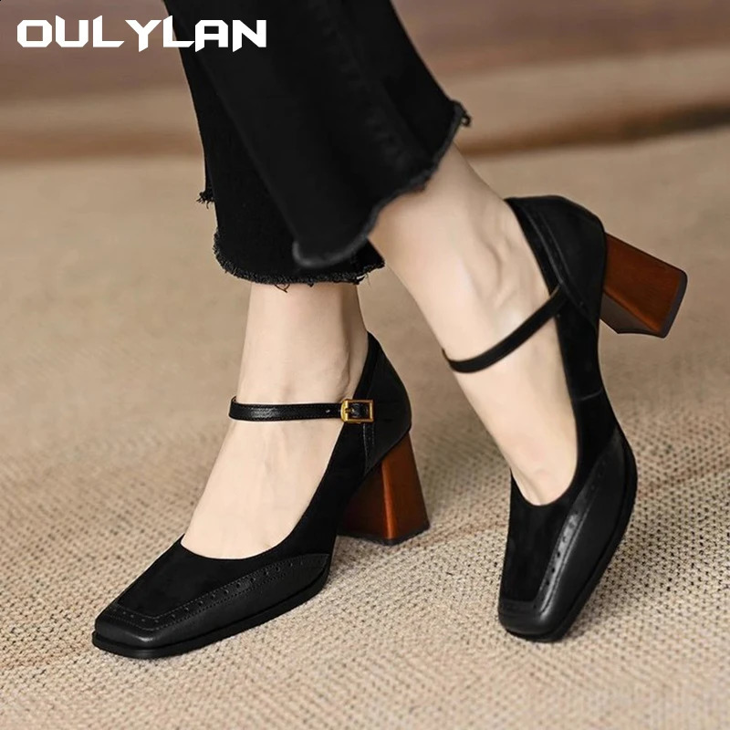 Oulylan Style Womens épissant le talon grossier une ligne boucle française carrée haute talons hauts rétro Mary Jane chaussures 250815