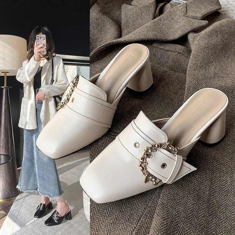 Large Size Sandals Womens Head Thick Heels Spring and Summer Wear Fashion Baotou Belt Buckle Muller Half Sandals 250814