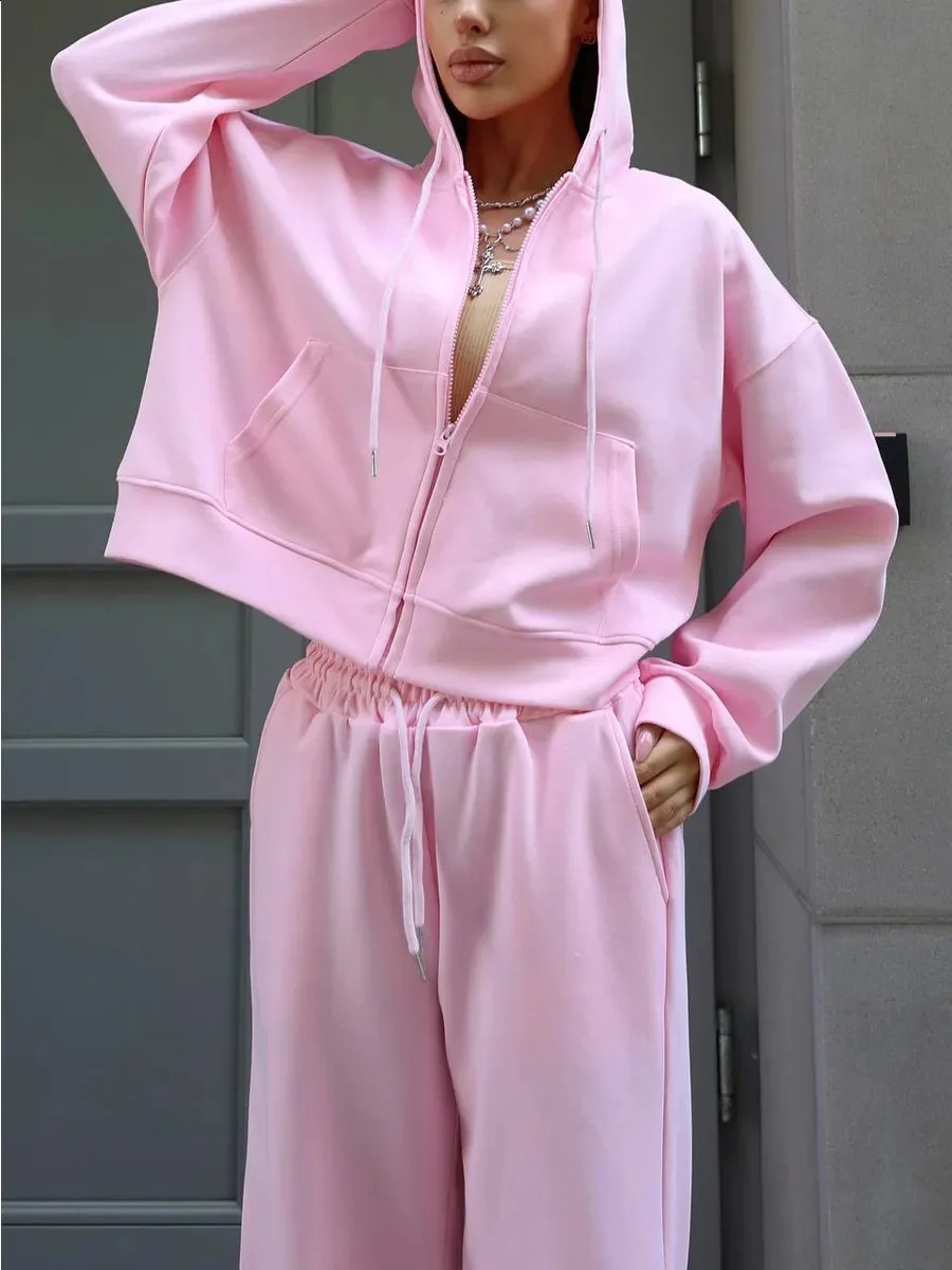 Womens Fashion Cotton Sport Tracksuit with Casual Pant Solid Color Zipper Hoodies Cardigan and High Waist Trouser Autumn Outfit 250815
