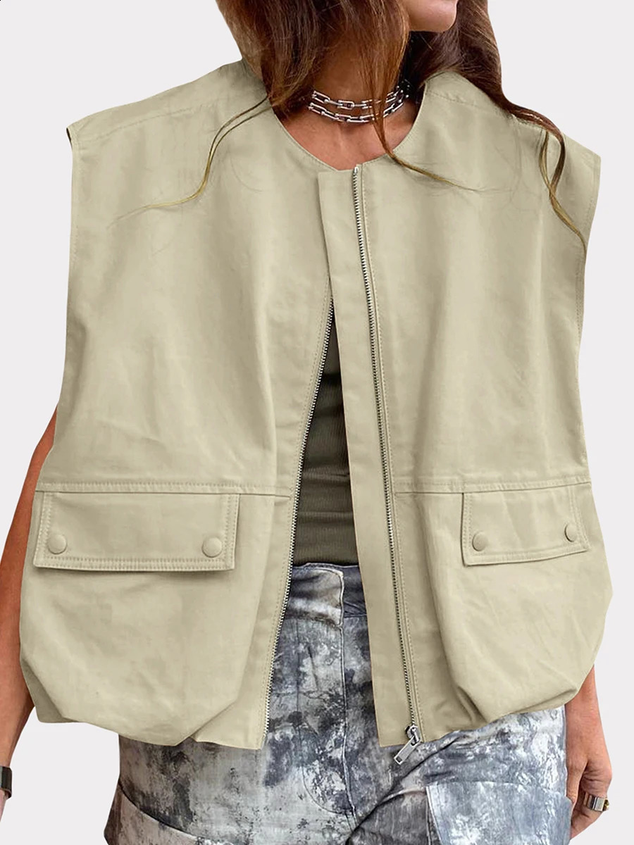 Womens Zip Up Vest Fashionable Jacket Sleeveless Solid Color Oversized Jacket Tops Loose Fit Summer Tops 250811