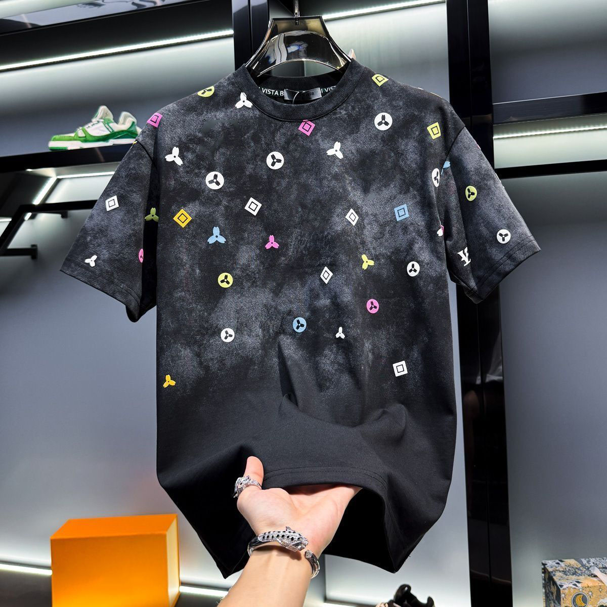 Spring and summer of 2025 the new men's heavy T-shirt with short sleeves full of printed presbyopia trendy brand versatile round neck shirt and