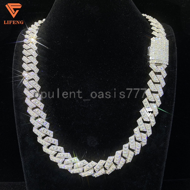 Custom High Quality 18mm Baguette Cut Ice Moissanite White Gold 925 Sterling Silver Necklace Cuban Link Chain Men Fine Jewelry
