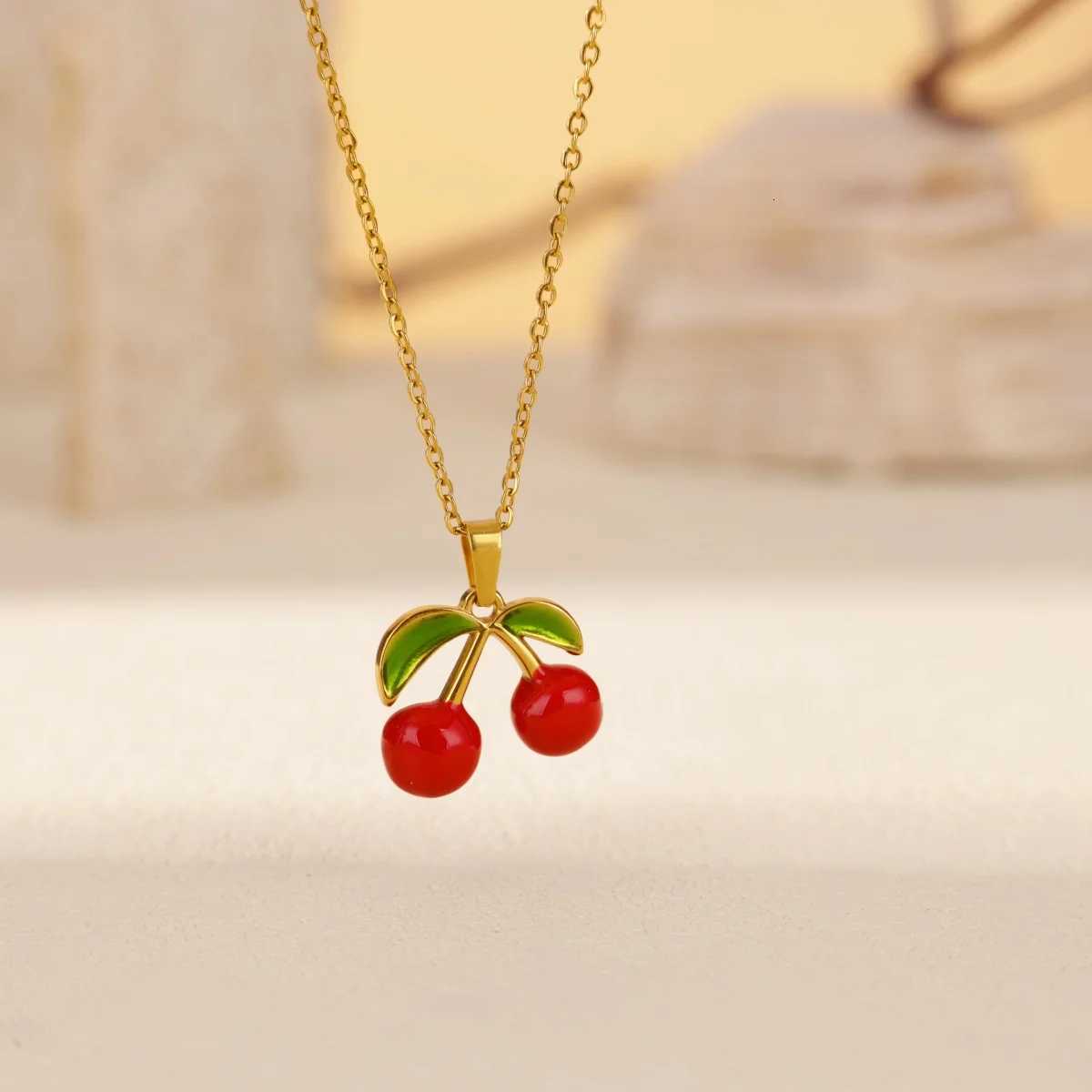 Sweet Cherry Pendant Necklace For Women Enamel Gold Color Stainless Steel Necklace Hypoallergenic Jewelry Collares Accessories XJ250816