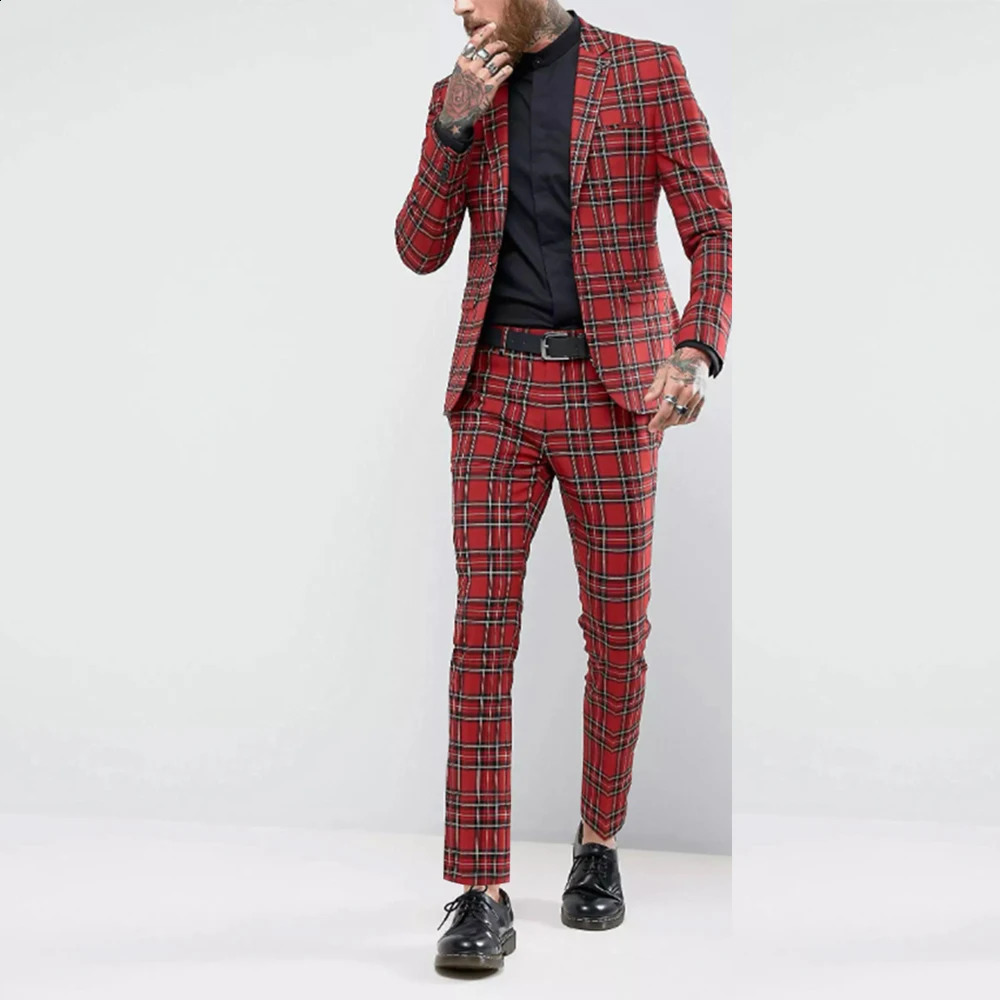 Des hommes de haute qualité costumes slim ajustement costume homme encoche de poitrine simple revers classique plaid 2 pièces pantalon de veste m