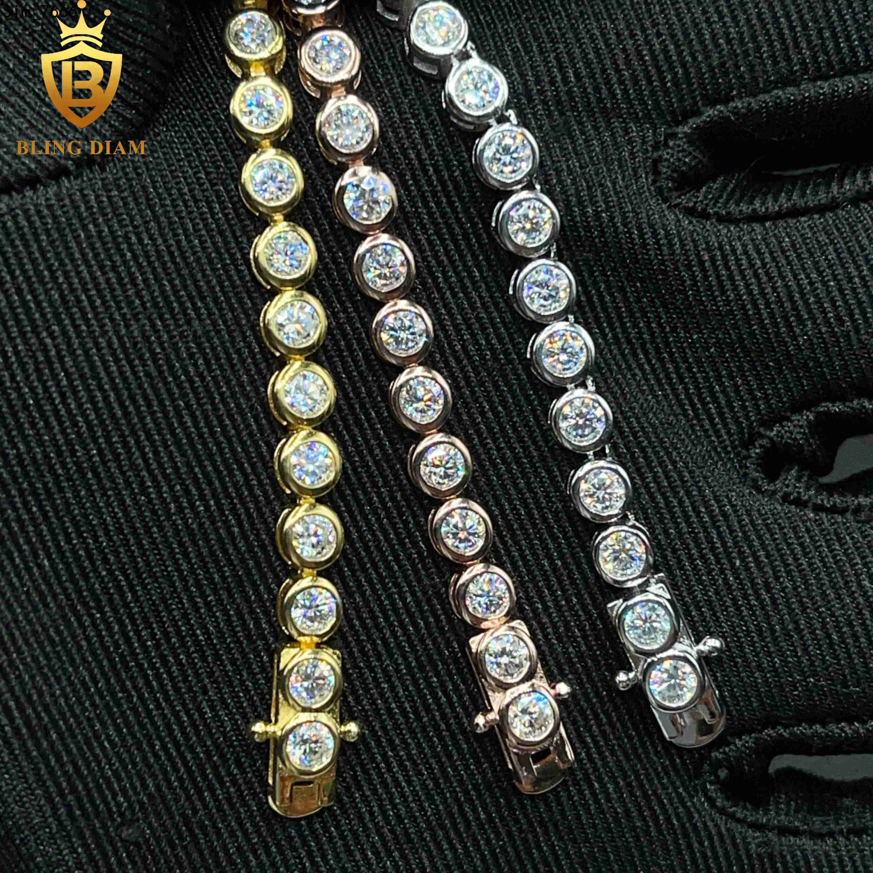 Blingdiam Jewelry 925 Silver Gold Plated VVS Moissanite Pass Diamond Tester Tennis Chain 3mm Bracelet Necklace