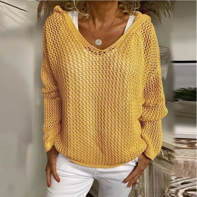 ALLUKASA Women V Neck Hooded Hollow Out Pullover Sweater Tops Autumn Spring Female Long Sleeve Thin Sweatshirt Coats 250815