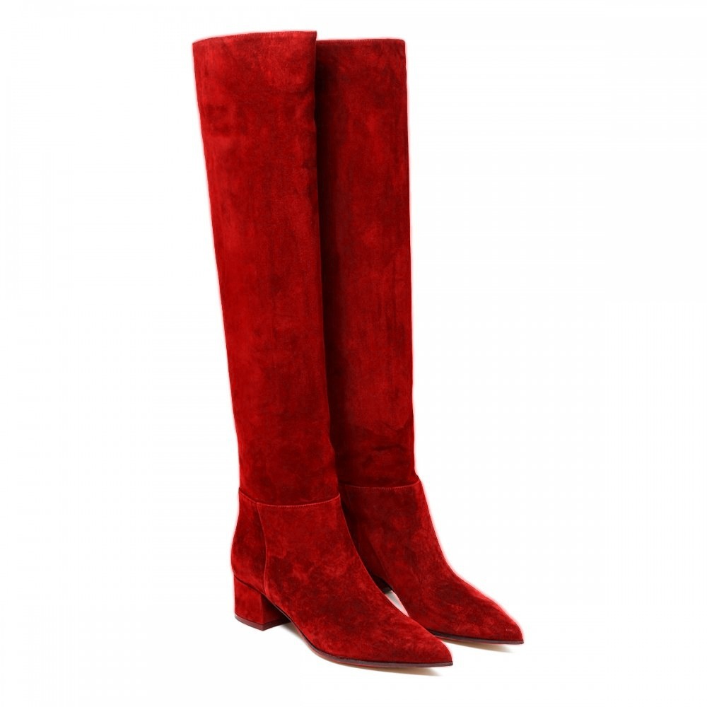 Designer de luxe authentique chaussures en cuir en daim féminin à manches hautes à talons hauts épais bottes hautes, chaussures de piste de mode