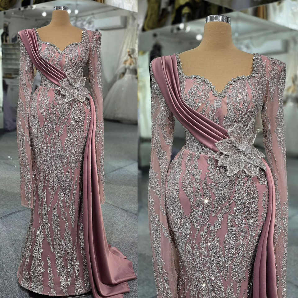 Magnifique robe de soirée sirène carrée paillettes perlées à manches longues de bal à manches longues robes de fête de la longueur de plancher de