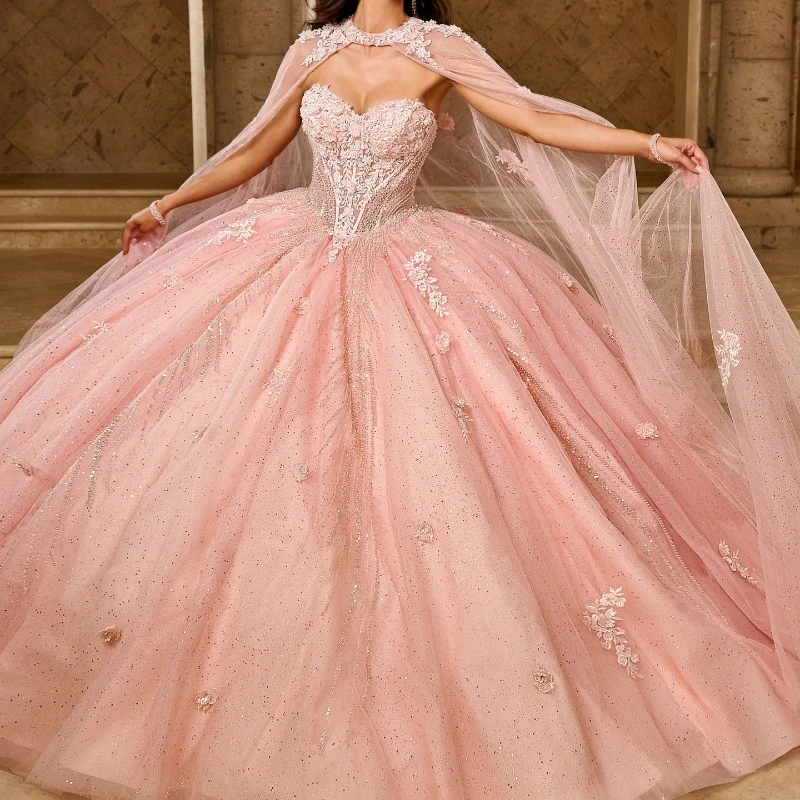 Pink Shiny Quinceanera Dresses Off The Shoulder Ball Gown Applique Lace Crystal Beading Tull With Cape Birthday Party Sweet 16 Dress Vestidos 15 Ano