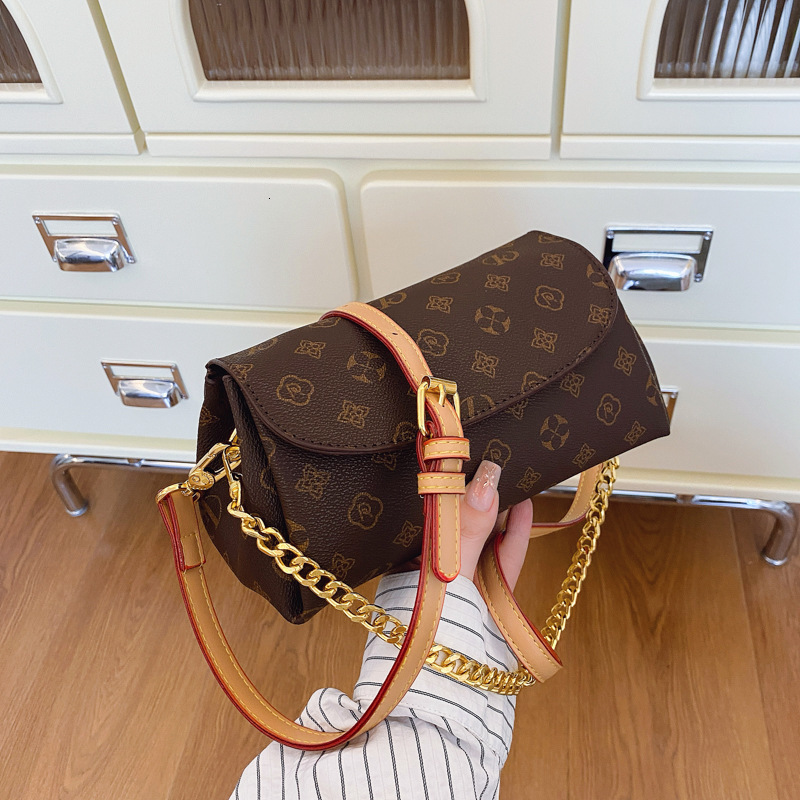 Women's Chain Shoulder Bag, Minimalist Brown PVC Half-Moon Crossbody Handbag - Medium 30-50 cm, Vintage Embroidery, Flap Pocket, Laptop Compartme