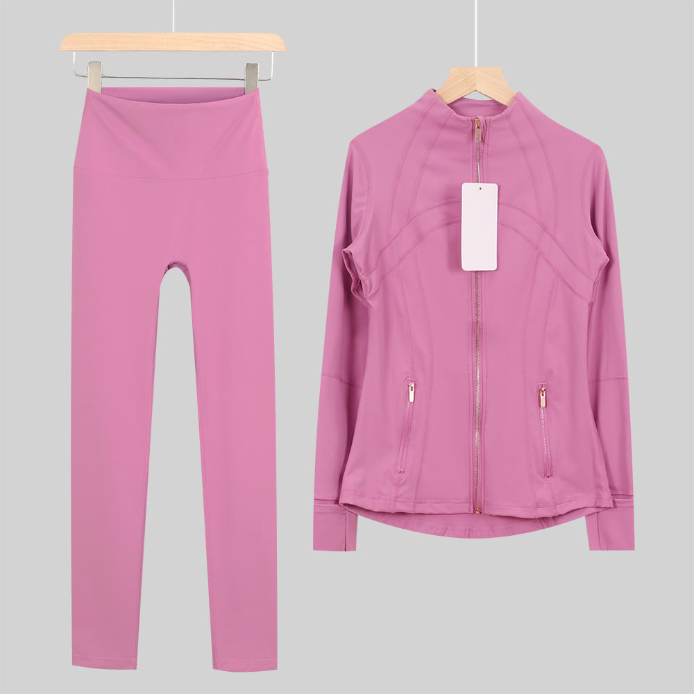 Womens Yoga Set Jackets Pants High Quality Leggings Womens Slim Fit Breathable Sport Jacket Zip Up Round Neck Coat Solid Color Sport Fitness Clothin