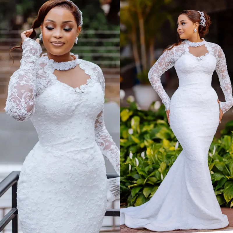 Arabe Aso Ebi Ivory Robe de mariée 2025 Sirène High Neck Cystals Perls Perls Long Manches en dentelle de dentelle Bouches de mariée D599