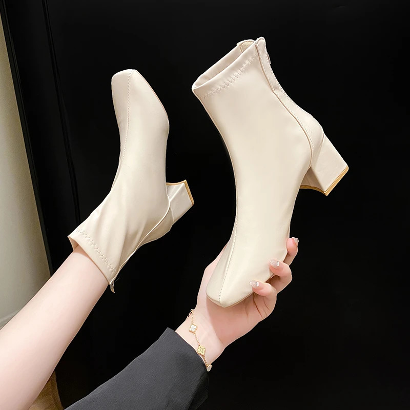 Womens Thick Heel Medium Heel Boots Womens Winter Square Toe Back Zipper Increased Casual Short Boots 250815