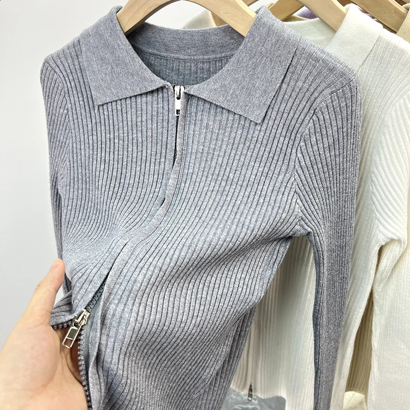 Autumn Winter Korean Edition Double Headed Zipper Cardigan Polo Collar Solid Color Long Sleeved Sweater Fashion Slim Tops 250815