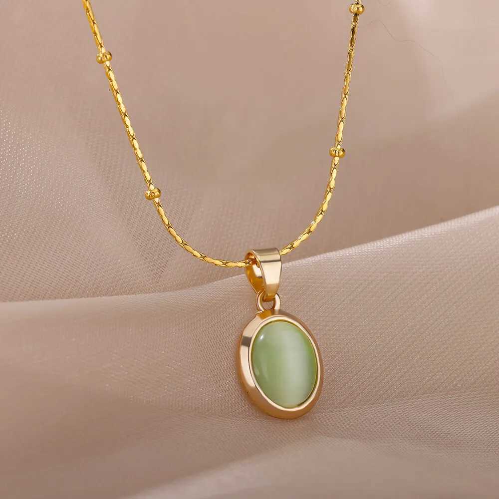 Fashion Stone Opal Oval Necklace For Women Stainless Steel Gold Color Oval Stone Pendant Necklace Wedding Aesthetic Jewelry Gift XJ250816